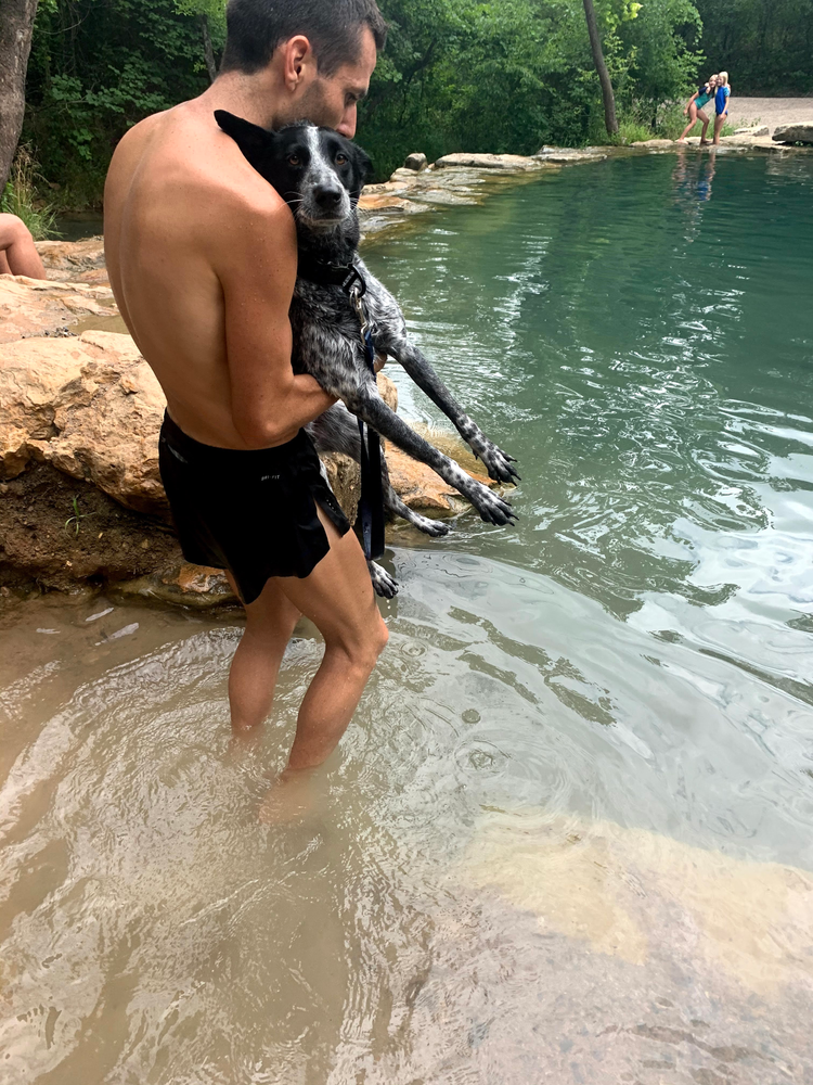 Here's me giving Hank a swimming lesson at Little Niagara Falls in Sulphur, OK after finishing up a hot summer run through the park